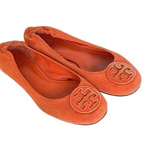 Tory Burch Reva Ballet Flats Orange Suede Enamel Logo Medallion Womens 7.5M A736